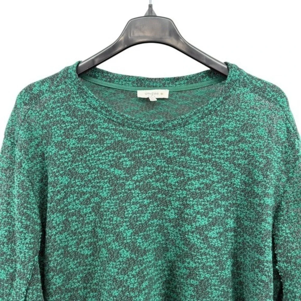 Umgee Green Black Knit Top Womens XL Pre-Owned 3/4‎ Sleeve Pullover Frayed Hem